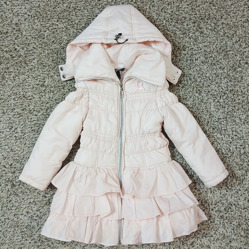 Le Chic Pink Hooded Full Zip Trench Coat Jacket Ruffled Girls US Size 4-5 Years